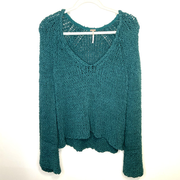 FREE PEOPLE Sand Dune Green Chunky Knit Sweater Bell Sleeve Sz M - Picture 3 of 11